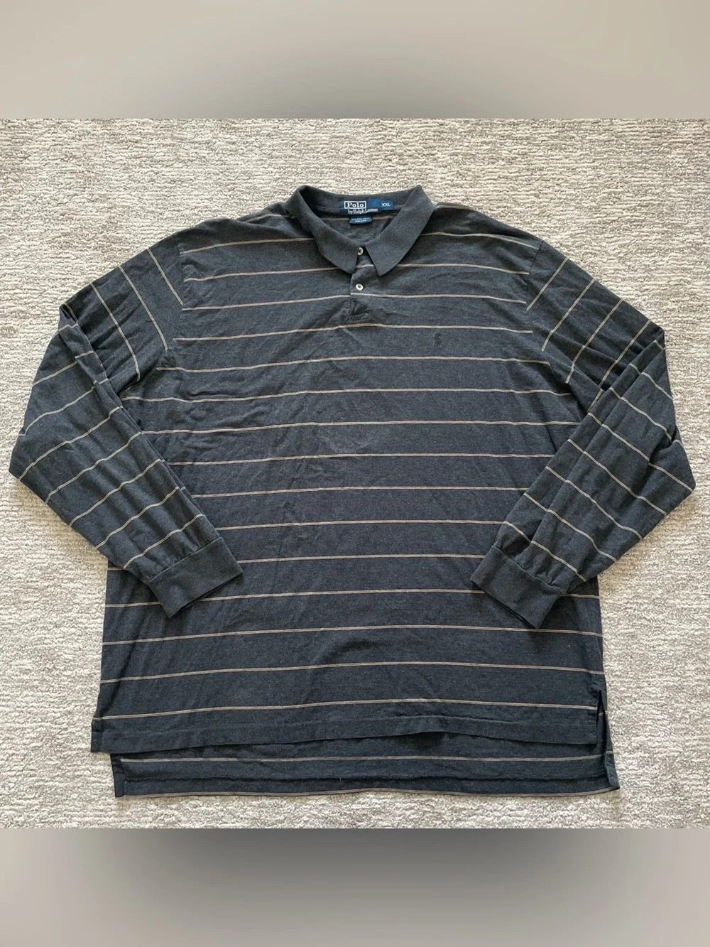 Vintage Polo Ralph Lauren Gray Striped Long Sleeve Polo XXL 100% Pima Cotton Y2K